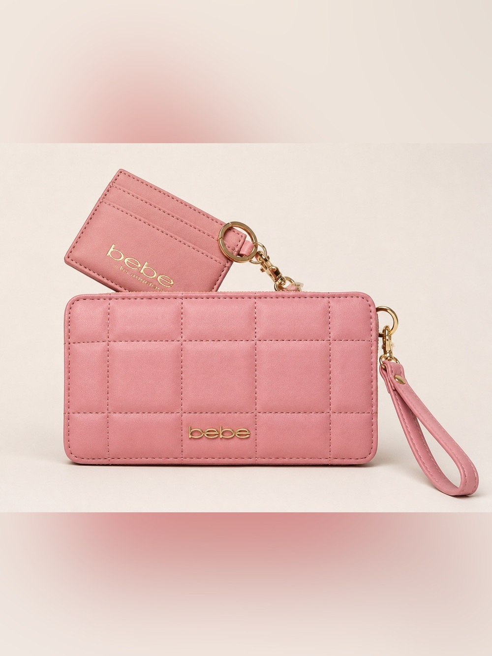 bebe Quilted Pink Wristlet with Detachable Card Holder